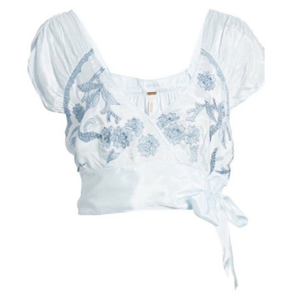 Free People Sahara Floral Embroidery Crop Top In Crispy Morning Blue Sz XL New